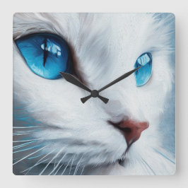 Horloge Carrée Chat blanc vertical aux yeux bleus