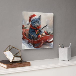 Horloge Carrée Chat Bleu Oriental dans Luge Laissez Neiger Noël