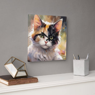 Horloge Carrée Chat calico et papillons dans un jardin printanier