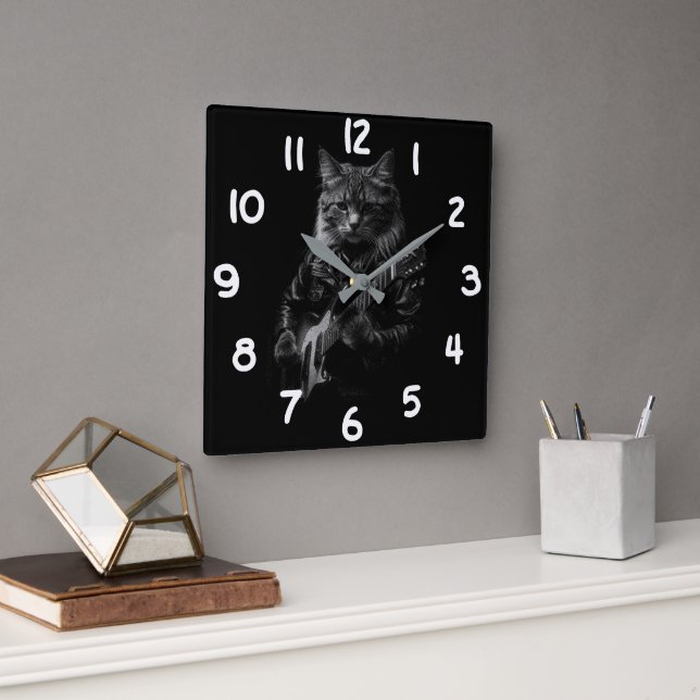 Horloge Carrée Chat cool Jouer Guitare électrique (Bureau)