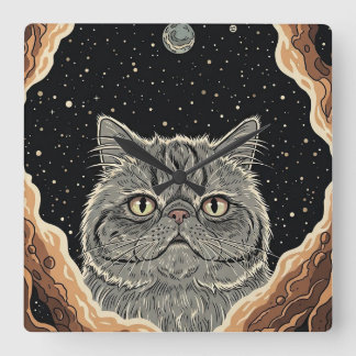 Horloge Carrée Chat Cosmique