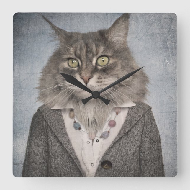 Horloge Carrée Chat dans des vêtements (Recto)