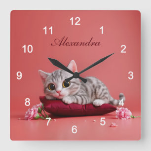 Horloge Carrée Chat de janvier mignon avec oeillets