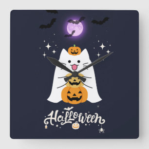 Horloge Carrée Chat d'Halloween au clair de lune – Nuit effrayant