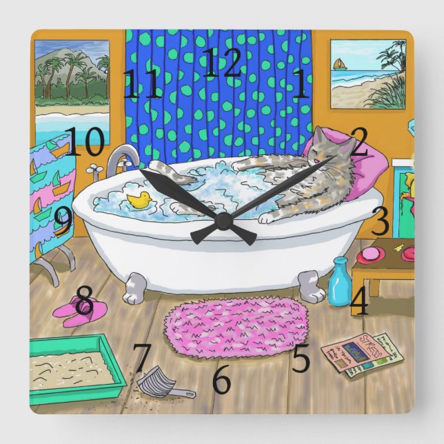 Horloge Carrée Chat drôle dans Bain 665 (Recto)