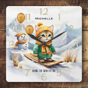 Horloge Carrée Chat Drôle de Planche à Neige Hiver Enfants