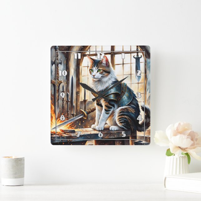 Horloge Carrée Chat en Armor entouré d'épées à l'aube (Maison)