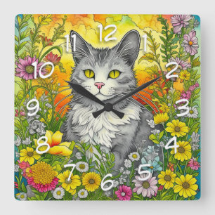 Horloge Carrée Chat et Fleurs Whimsical
