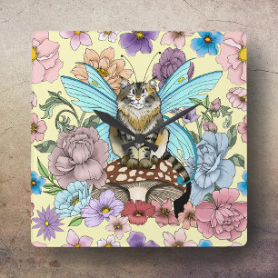 Horloge Carrée Chat féerique tabby pastel fantaisiste floral
