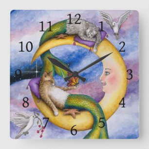 Horloge Carrée Chat Mermaid 29 Merkitty imaginaire Chats sur Lune