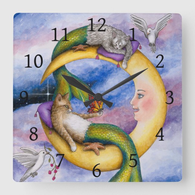 Horloge Carrée Chat Mermaid 29 Merkitty imaginaire Chats sur Lune (Recto)