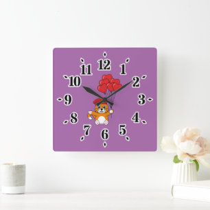 Horloge Carrée Chat mignon avec Ballons de Coeur Rouge