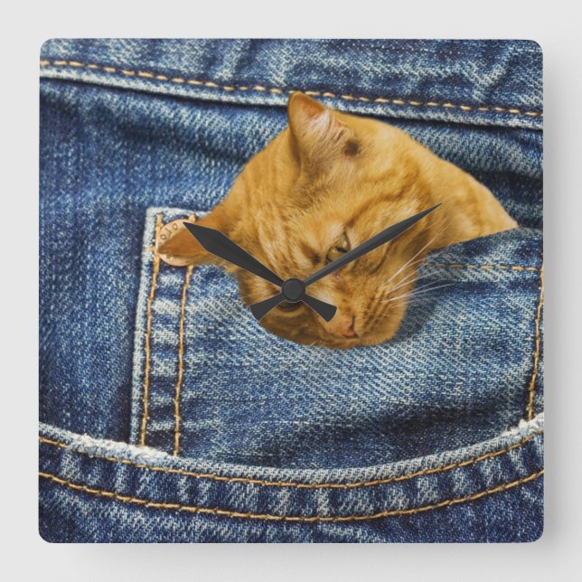 Horloge Carrée Chat mignon en jean poche illusion drôle (Recto)