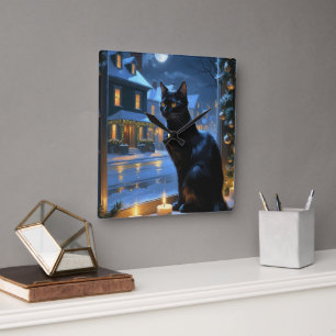 Horloge Carrée Chat Noir Avec Lumières De Noël Férié