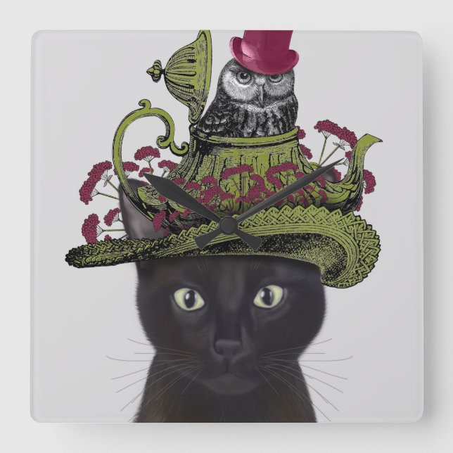 Horloge Carrée Chat noir avec théière et hibou (Recto)