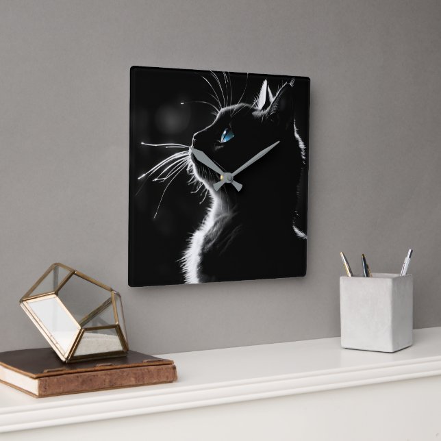 Horloge Carrée Chat noir brillant (Bureau)