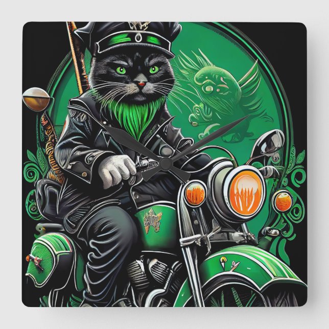 Horloge Carrée Chat noir conduite vélo St. Patrick's Day (Recto)