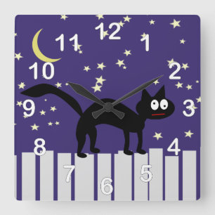 Horloge Carrée Chat noir d'Halloween sur clôture