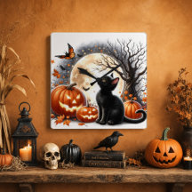 Chat noir et citrouilles d'Halloween Ambre rustiqu