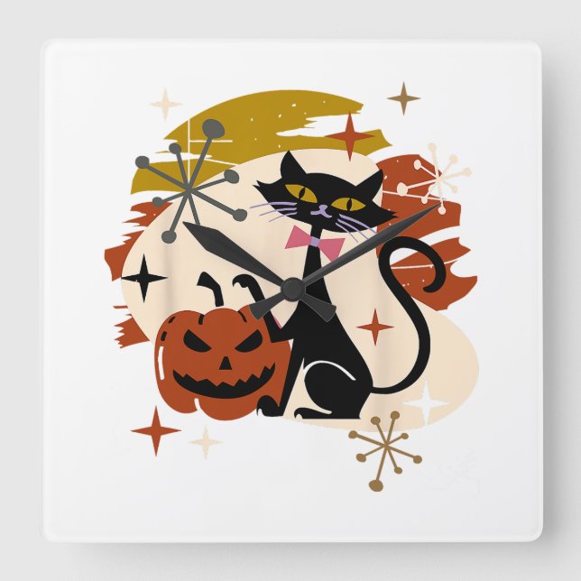 Horloge Carrée Chat noir et Halloween rétro atomique Citrouille (Recto)