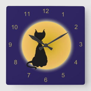 Horloge Carrée Chat noir et lune jaune Halloween Art