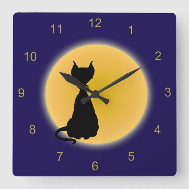 Horloge Carrée Chat noir et lune jaune Halloween Art (Recto)