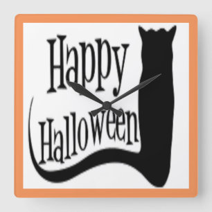 HORLOGE CARRÉE CHAT NOIR "HAPPY HALLOWEEN"
