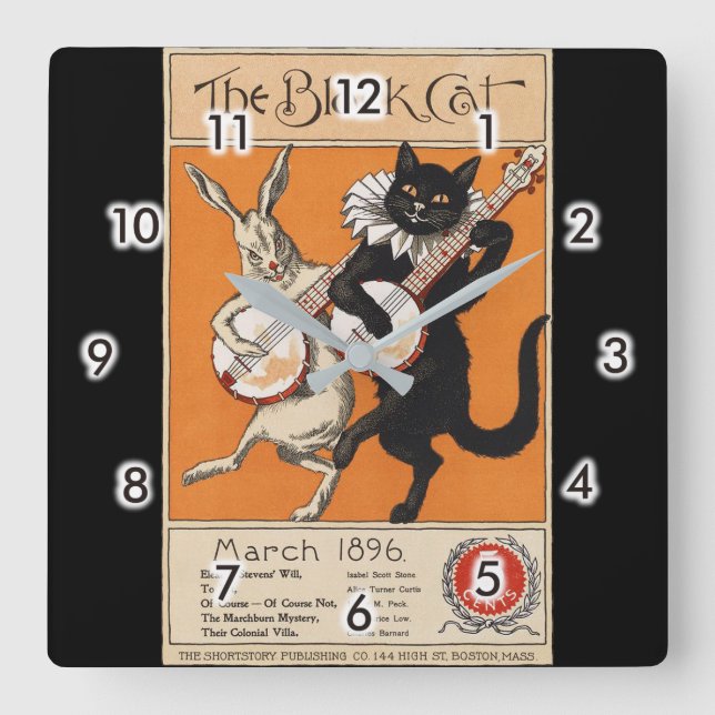 Horloge Carrée Chat noir jouant Banjo, artiste inconnu (Recto)