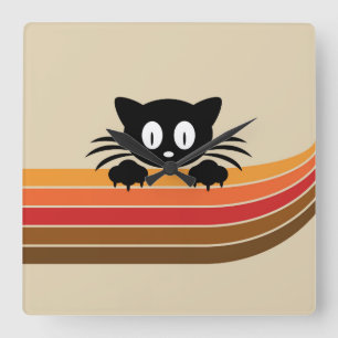 Horloge Carrée Chat noir mignon avec rayures rétro