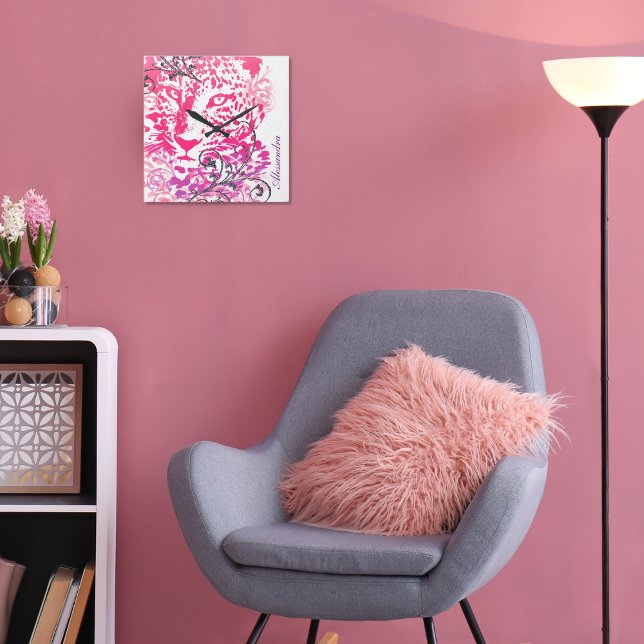 Horloge Carrée Chat sauvage rose pourpre Leopard Cheetah avec de  (Créateur téléchargé)