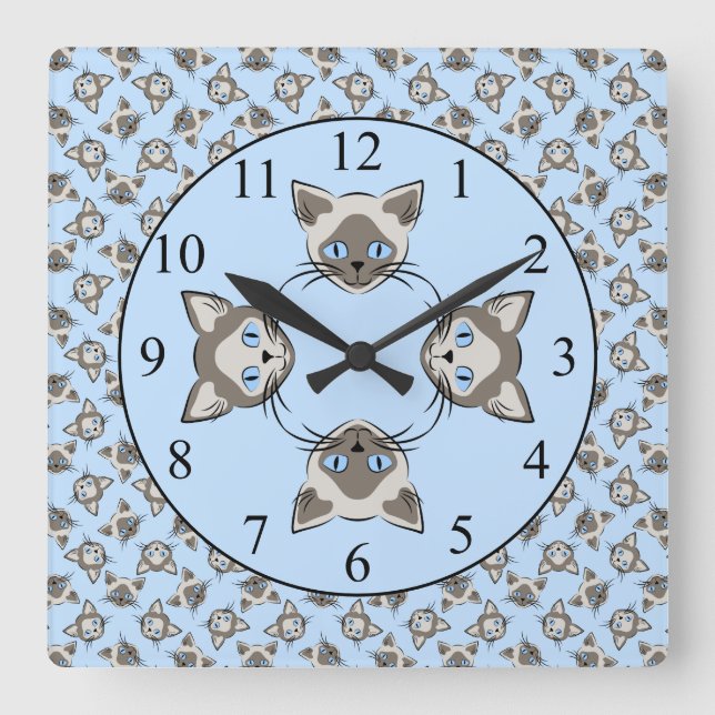 Horloge Carrée Chat Siamese Blue Eyed face Motif d'art graphique (Recto)