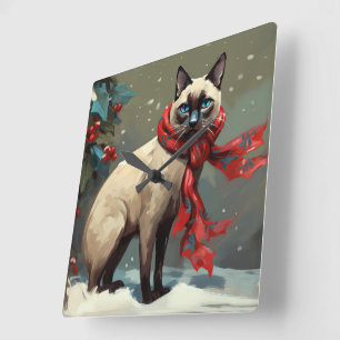 Horloge Carrée Chat siamois à Noël sous la neige