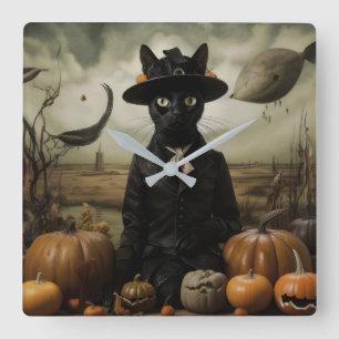 Horloge Carrée Chat sorcière avec citrouilles 