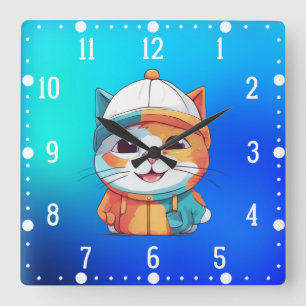 Horloge Carrée Chat souriant portant un Clipart Casquette