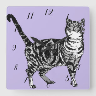 Horloge Carrée Chat tigré Chats Animal Enfants pastel Violet Sq
