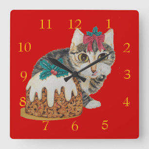Horloge Carrée chat tigré gris de chaton mignon léchant Noël d