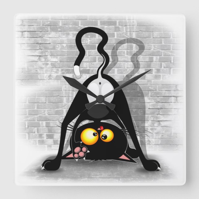 Horloge Carrée Chat Upside Down Funny Cartoon Caractère (Recto)