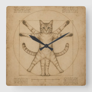 Horloge Carrée Chat Vitruvien Renaissance Parodie Art