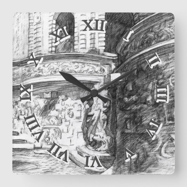 Horloge Carrée Château pencilart Monochrome noir & blanc (Recto)