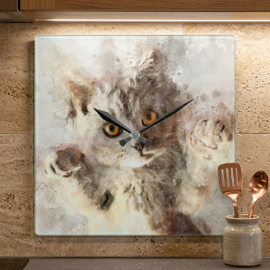 Horloge Carrée Chaton à l'aquarelle joueur avec des yeux ambre br
