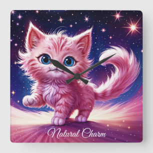 Horloge Carrée Chaton rose en peluche fantaisiste yeux bleus vifs