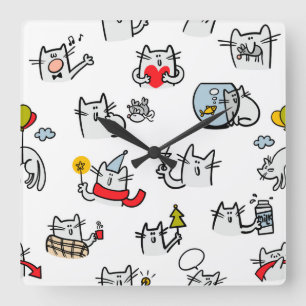 Horloge Carrée Chats amusants, lait et magie.
