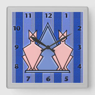 Horloge Carrée Chats Art déco roses sur fond rayé bleu
