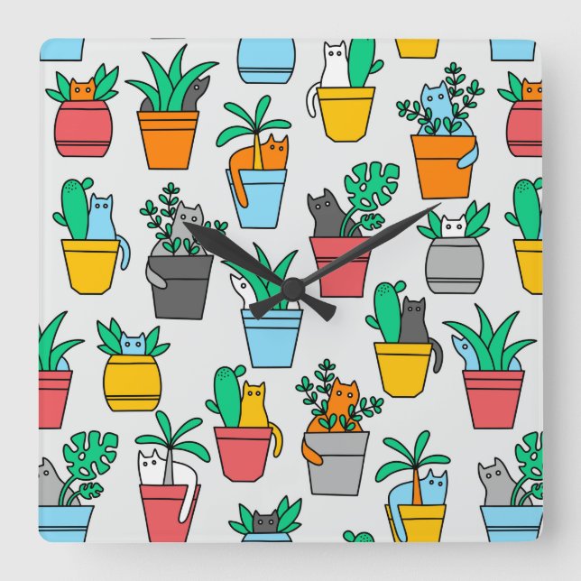 Horloge Carrée Chats dans les pots à fleurs (Recto)