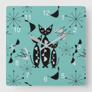 Horloge Carrée Chats rétro du milieu du siècle moderne Motif
