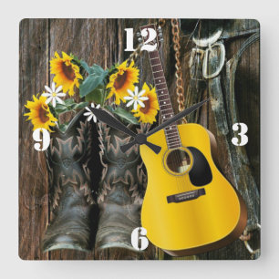 Horloge Carrée Chaussures de cowboy du cheval occidental Guitare 