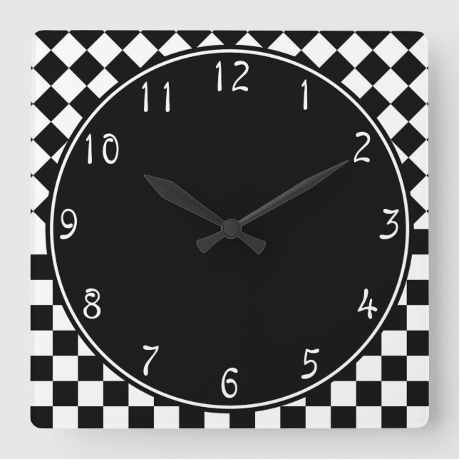 Horloge Carrée Checkerboard de Stylish Black White Half Diamond (Recto)