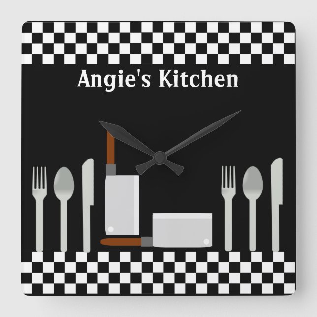 Horloge Carrée Checkerboard personnel Kitchen Utensils Clock (Recto)