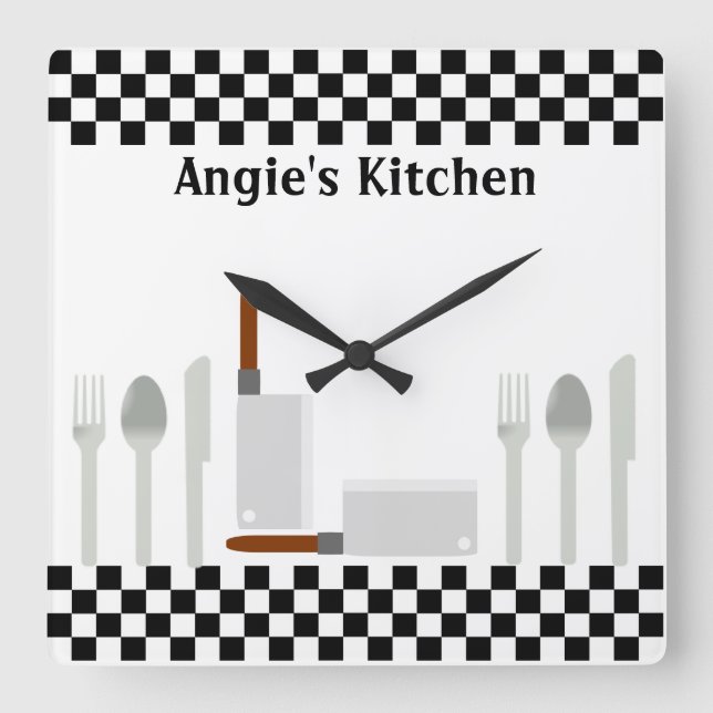 Horloge Carrée Checkerboard personnel Kitchen Utensils Clock (Recto)