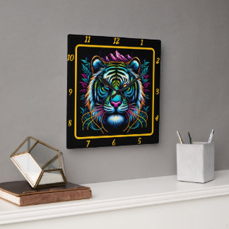 Horloge Carrée Chef-d'oeuvre du tigre de néon non dompté